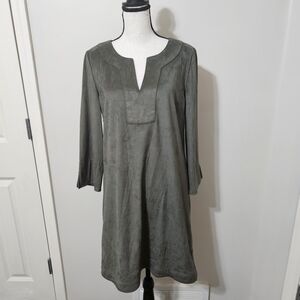 GRETCHEN SCOTT Womens Medium Olive Suede V-Neck 3/4 Sleeve Tunic Dress